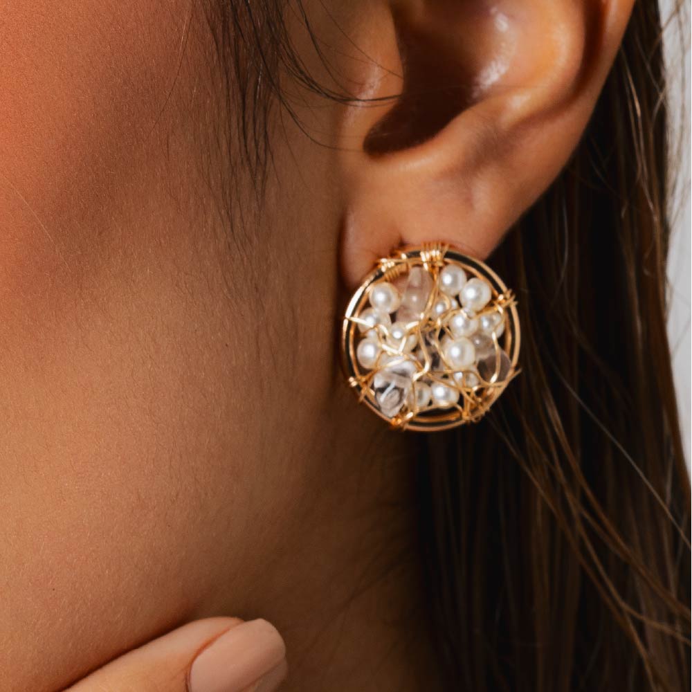 Aretes Topo Nido con Perla Dorado Para Mujer